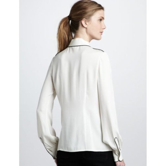 Rachel Zoe Lara Tipped Shirt Size 4 Ivory Cream Silk Blend Button Up Collared - Picture 2 of 9